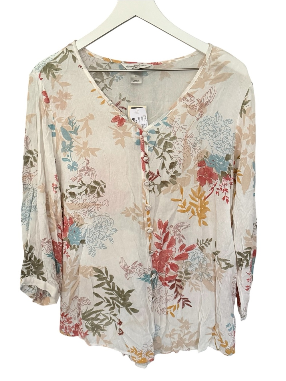 NWT Christopher & Banks V-Neck Floral Bird Print 3/4 Sleeves Blouse Petite Large